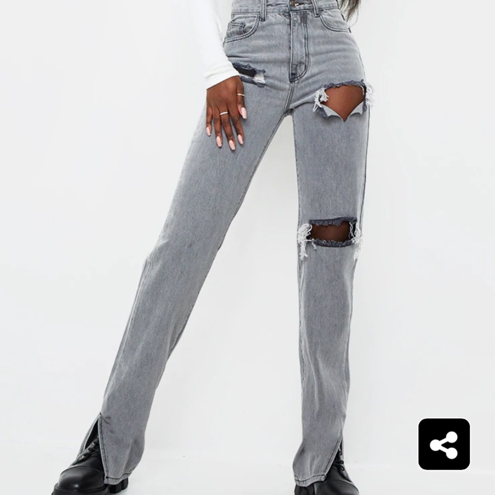 Tall Grey Distressed Split Hem Jeans